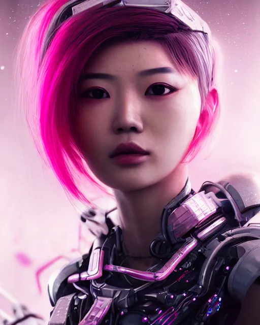 Image similar to portrait of a beautiful asian woman with pink hair as a cyberpunk cyborg half robot, sci - fi, missing panels, intricate abstract upper body intricate artwork, concept art, octane render, deviantart, cinematic, key art, hyperrealism, iridescent accents, portrait photograph, nikon 3 5 mm, photograph by greg rutkowski