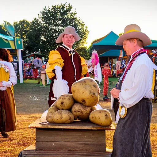 Prompt: A potato is being worshiped as a king in the 1600s during a fair in the park at golden hour