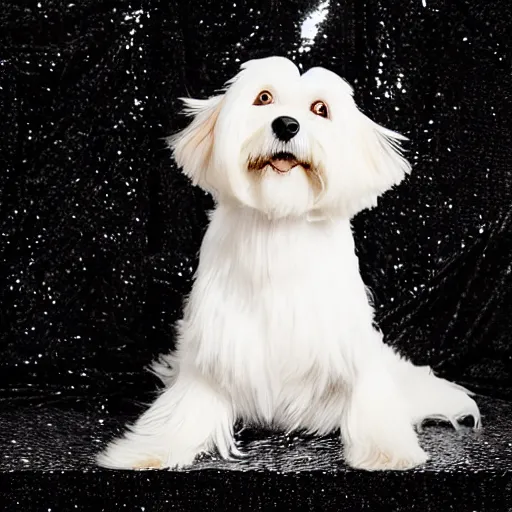 Image similar to a cream - colored havanese dog in a black and white sequined dress posing for a picture, a poster by david lachapelle, instagram contest winner, private press, tarot card, blueprint, black background