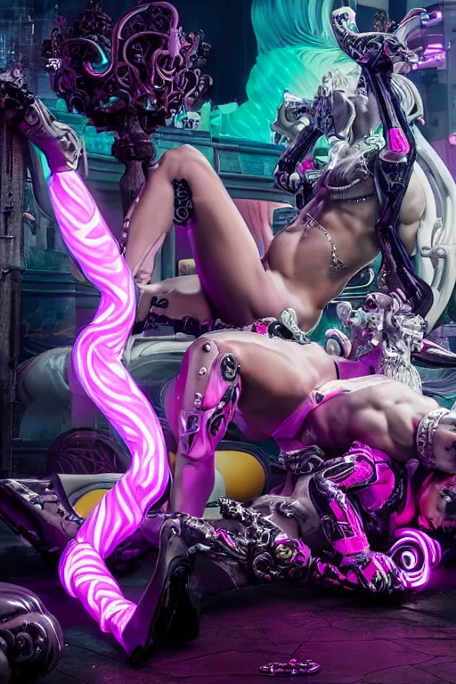 Image similar to full-body rococo and cyberpunk style neon statue of a muscular attractive Joe Jonas macho dotado e rico android sim roupa reclining con las piernas abertas e la piroca dura, glowing white laser eyes, prince crown of pink gears, diamonds, swirling silver-colored silk fabric. futuristic elements. full-length view. space robots. human skulls. intricate artwork by caravaggio. Trending on artstation, octane render, cinematic lighting from the right, hyper realism, octane render, 8k, depth of field, 3D