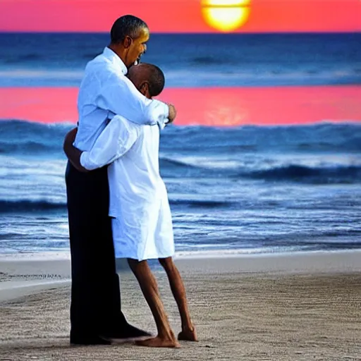 Image similar to Walter White hugging Barak Obama on the beach, sunset, zoomed in