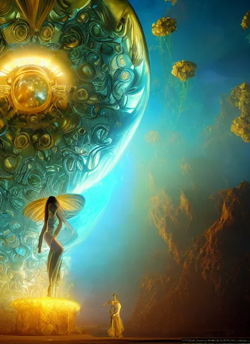 Image similar to flowers within the whole infinite capsule apparent with awe the apparition, an idea seep's into infinity highly detailed in volumetric latent space, golden turquoise steampunk, high contrast cinematic light, mystical shadows, sharp focus, divine realm of gods, octane render, artist by boris vallejo,