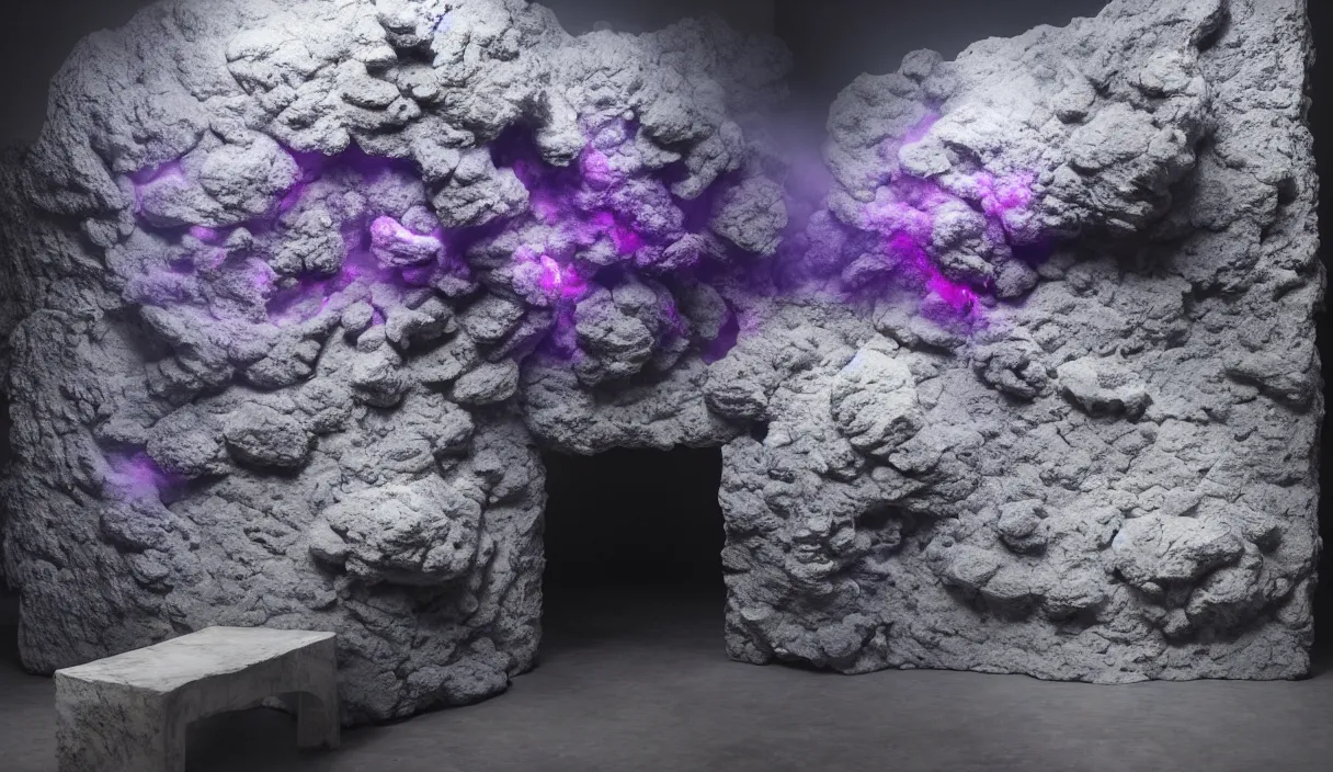 Image similar to artwork by pierre huyghe with wax, porcelain, cables and monitors, aquarium and a huge eroded stone, purple smoke, ultra realistic, depth, beautiful lighting, glitch, sigma, 8 k, 3 5 mm, f / 3 2