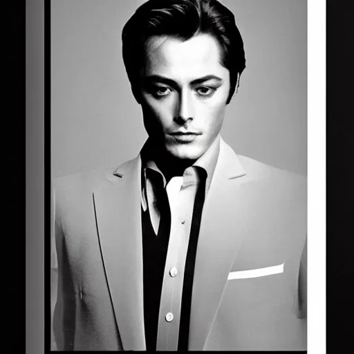 Image similar to stunning symmetrical portrait of alain delon in front of a ( ( ( tall moog synthesizer ) ) ), high contrast grainy blank and white photography print ilford warm tone