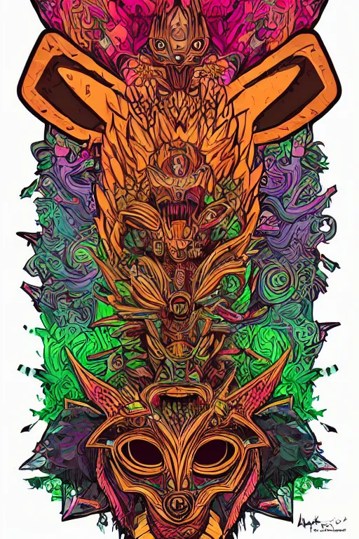 Image similar to animal mask totem roots flower tribal feather gemstone plant wood rock shaman vodoo video game vector cutout illustration vivid multicolor borderlands comics by josan gonzales and dan mumford radiating a glowing aura