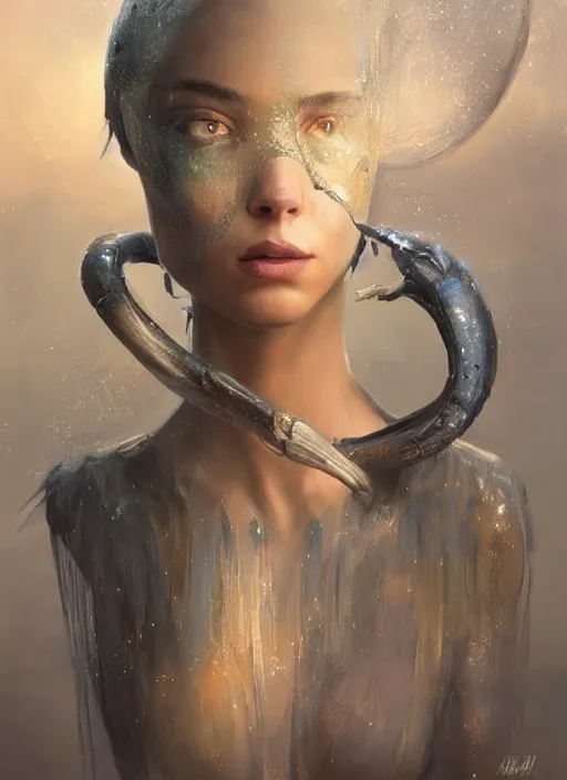 Image similar to a professional painting of a beautiful young female alien, clothed in ethereal armor, olive skin, long dark hair, beautiful bone structure, symmetrical facial features, intricate, elegant, digital painting, concept art, smooth, sharp focus, illustration, from Valerian and the City of a Thousand Planets, by Ruan Jia and Mandy Jurgens and Artgerm and William-Adolphe Bouguerea