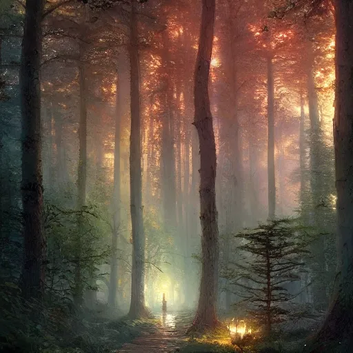Prompt: intricate five star magical larion forest by greg rutkowski and thomas kinkade, oil on canvas, hdr, high detail, photo realistic, hyperrealism, matte finish, high contrast, 3 d depth, centered, masterpiece, vivid and vibrant colors, enhanced light effect, enhanced eye detail, artstationhd