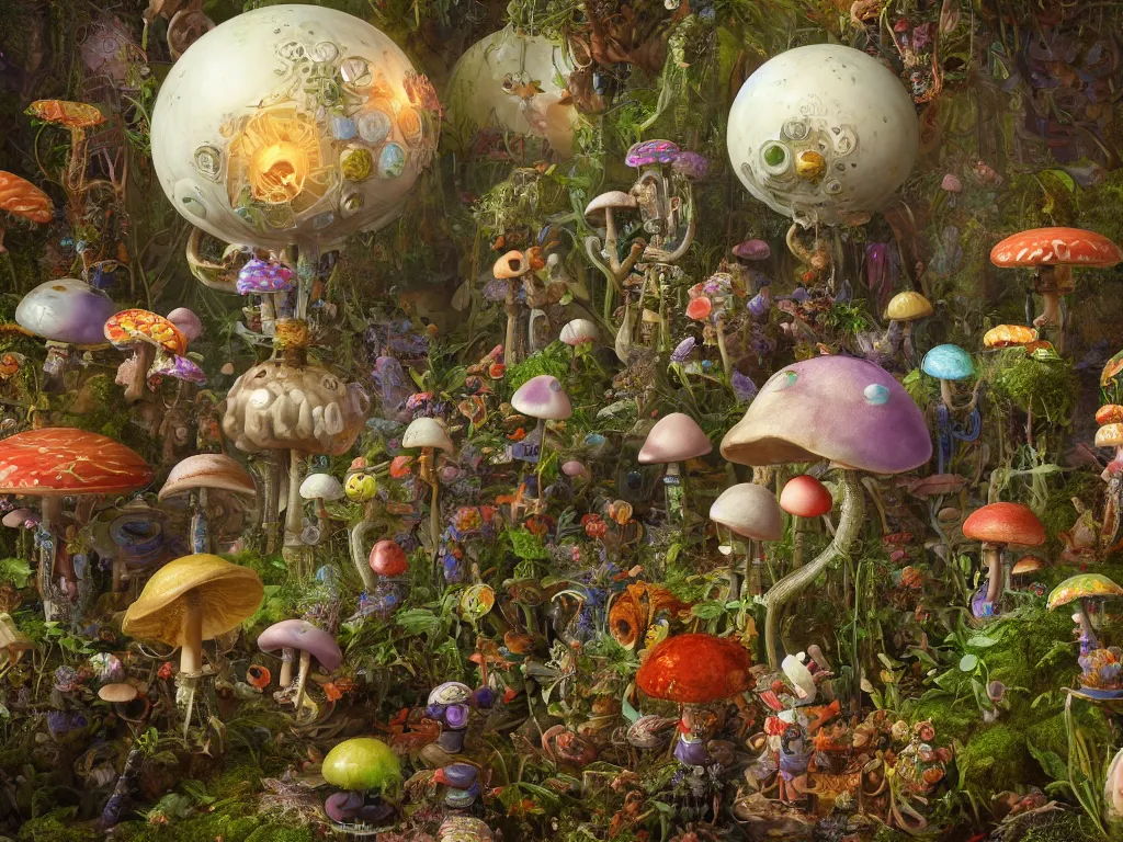 Prompt: victorian robots and mushrooms growing in a spheroid forest, 3d render, nightlight Study, by Jan Davidsz de Heem and Lisa Frank, Art Nouveau, 8k, extreme detail, sharp focus, cinema 4d render