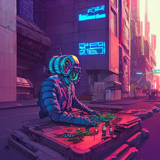 Prompt: A cyberpunk fish cyborg eats on the street of a cyberpunk city art by Josan Gonzalez, sci-fi, highly detailed, digital painting, artstation, smooth, sharp focus, illustration, concept art by Josan Gonzalez and James Gurney and Mœbius