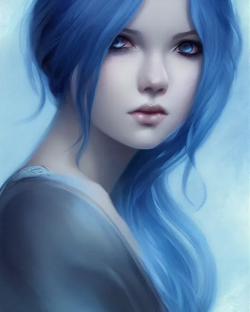 Prompt: Portrait by Charlie Bowater and Ross Tran, blue hair, soft colors, pastels