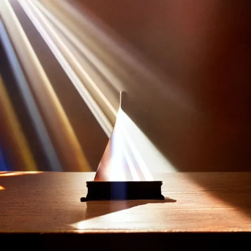 Image similar to photo of a beam of light shining through a prism sitting on a table, shining through the other side, with ray showing on the table, intricate details, extremely high quality, moody lighting, real camera, real caustics, real photo, 8 k, full subject in shot