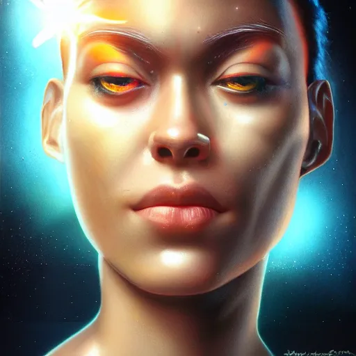 Image similar to cyborg sweating, big drops of sweat, forehead only, by Hajime Sorayama, airbrush art, beautiful face, highly realistic, star flares, trending on artstation, beautiful lighting, sharp, details, hyper-detailed, HD, HDR, 4K, 8K