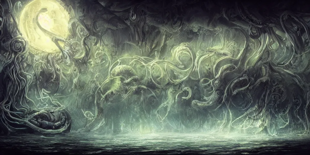 Image similar to concept art of giant translucent jellyfishes, lovecraftian, lots of teeth, melting horror, round moon, rich clouds, fighting the horrors of the unknown, high resolution, very detailed, roaring, volumetric light, mist, grim, fine art, decaying, textured oil over canvas, epic fantasy art, very colorful, ornate, anato finnstark