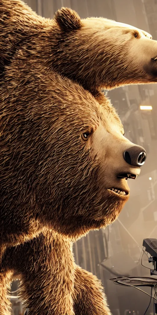 Image similar to a cyborg grizzly bear dj mixing records on stage, photorealistic, highly detailed, illustration, lifelike, highly detailed, intricate, octane render, sharp focus, cyberpunk