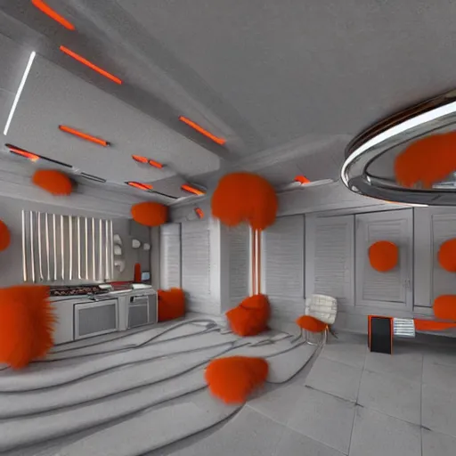 Prompt: detailed architectural render of a futuristic home furry fuzzy muppets red orange shape hairy surreal atmosphere inspired by postmodernism hyperreal hyperdetailed 3 d samaritual 8 k real engine