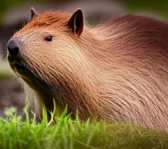 Image similar to a portrait of capybara with a mushroom cap growing on its head by luis royo. intricate. lifelike. soft light. sony a 7 r iv 5 5 mm. cinematic post - processing