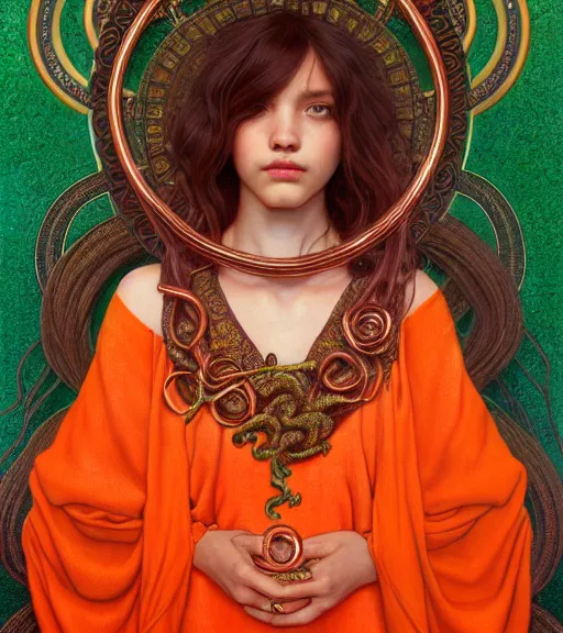 Prompt: portrait of teenage medusa, snake hair, naughty smile, wearing an embroidered orange tunic, intricate, sensual, elegant, copper and emerald jewelry, glowing lights, seductive, highly detailed, digital painting, artstation, concept art, smooth, sharp focus, illustration, art by wlop, mucha, artgerm, and greg rutkowski