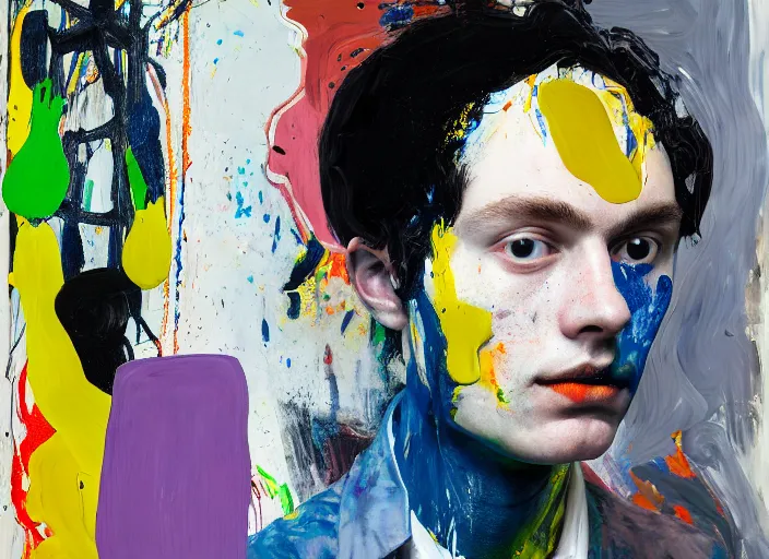 Image similar to portrait of a young painter with creative block sitting on a stool painted by vincent lefevre and hernan bas and pat steir and hilma af klint and danny fox, psychological, photorealistic, symmetrical face, dripping paint, washy brush, rendered in octane, altermodern, masterpiece