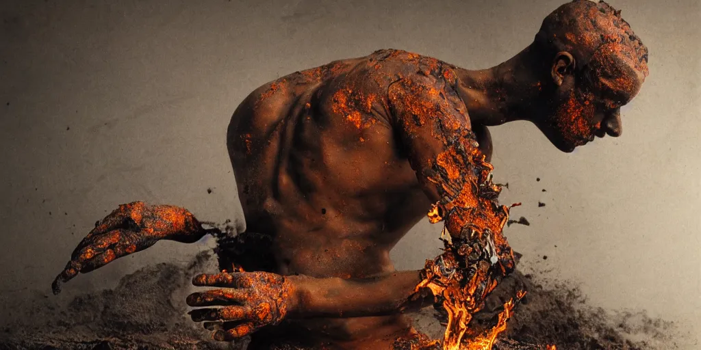 Image similar to highly detailed photography of a men made of rust clay and fire, rocks, hand gesture, sharp focus, dust particles, dirt, dramatic scene, aesthetic, wood, dynamic lighting, elegant, harmony, masterpiece, by roberto ferri, blue background, high quality, spatula