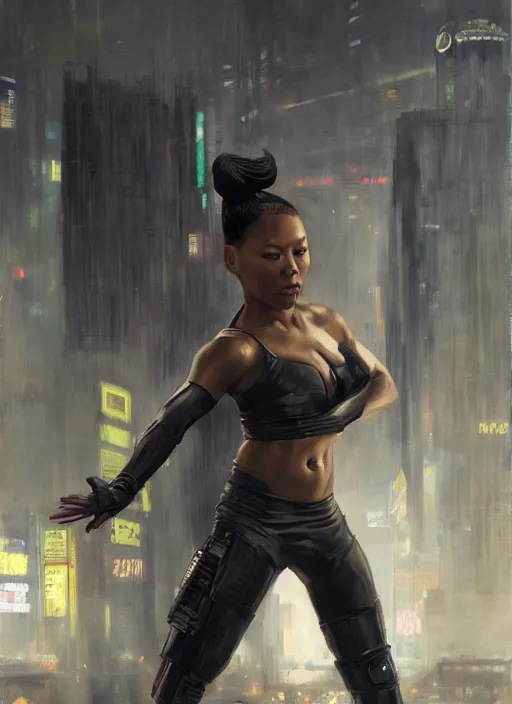 Image similar to black chun li teaching self defense. cyberpunk police trooper in a military vest ( blade runner 2 0 4 9, cyberpunk 2 0 7 7 ). orientalist portrait by john william waterhouse and james gurney and theodore ralli and nasreddine dinet, oil on canvas. cinematic, hyper realism, realistic proportions, dramatic lighting, high detail 4 k