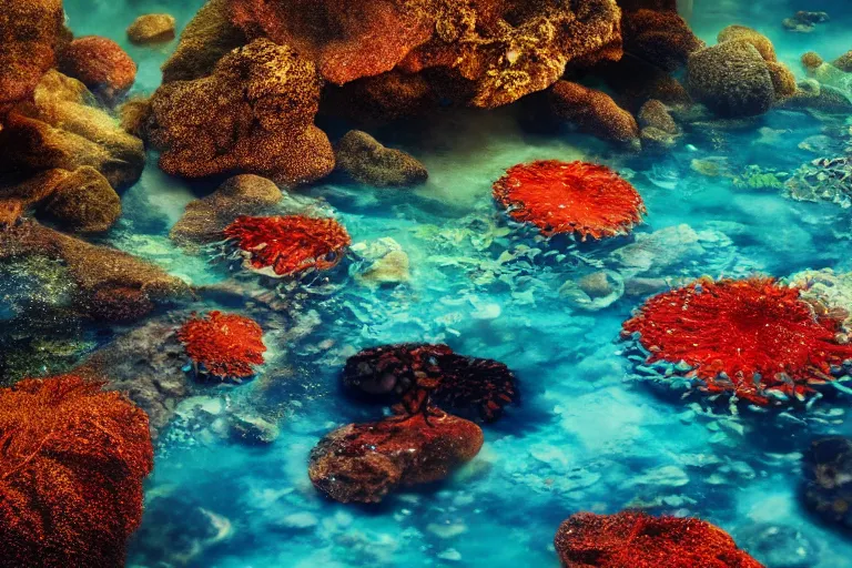 Image similar to ultra realistic underwater photography, panoramic picture of a river with a big number of large, brightly colourful fish. lots of bubbles, little seaweed and some rocks. gloomy scattered light entering from the water surface, artstation, 8 k