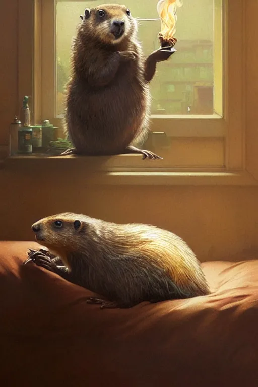 Image similar to groundhog smoking pot in a bed, realistic portrait, highly detailed, digital painting, artstation, concept art, smooth, sharp focus, illustration, cinematic lighting, art by artgerm and greg rutkowski and alphonse mucha