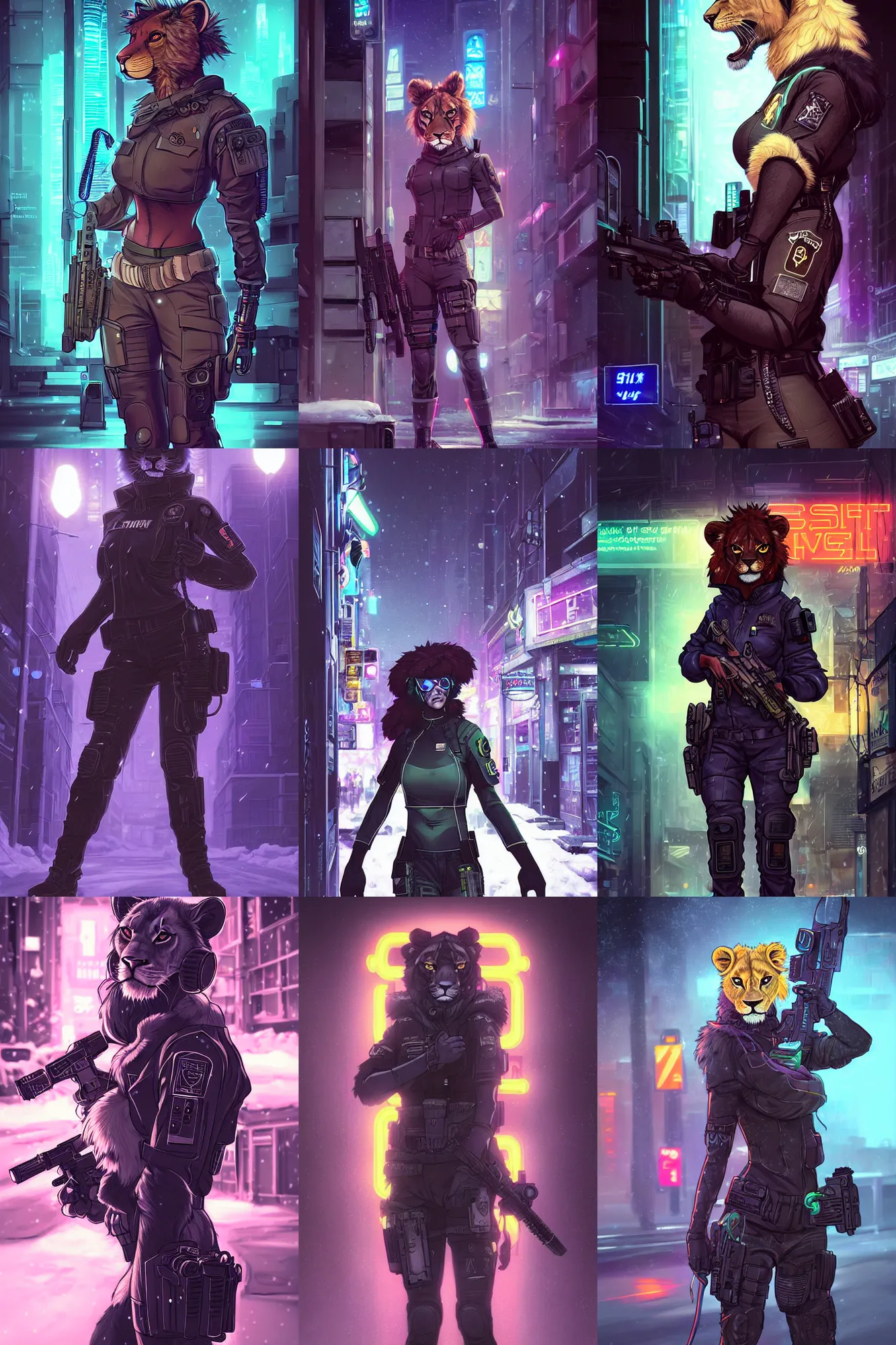 Prompt: beautiful furry art portrait commission of a female furry anthro lioness fursona wearing a tactical cyberpunk swat uniform in the streets of a cyberpunk city at night in the snow. neon light. character design by charlie bowater, ross tran, artgerm, and makoto shinkai, detailed, inked, western comic book art