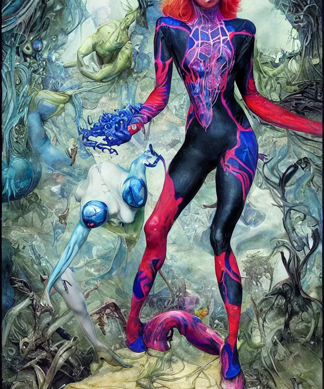 Image similar to a portrait photograph of spider gwen as a mutated harpy super villian with slimy amphibian blue skin. she is wearing a colorful living organic infected catsuit with tendrils and slime. by donato giancola, hans holbein, walton ford, gaston bussiere, peter mohrbacher and brian froud. 8 k, cgsociety, fashion editorial