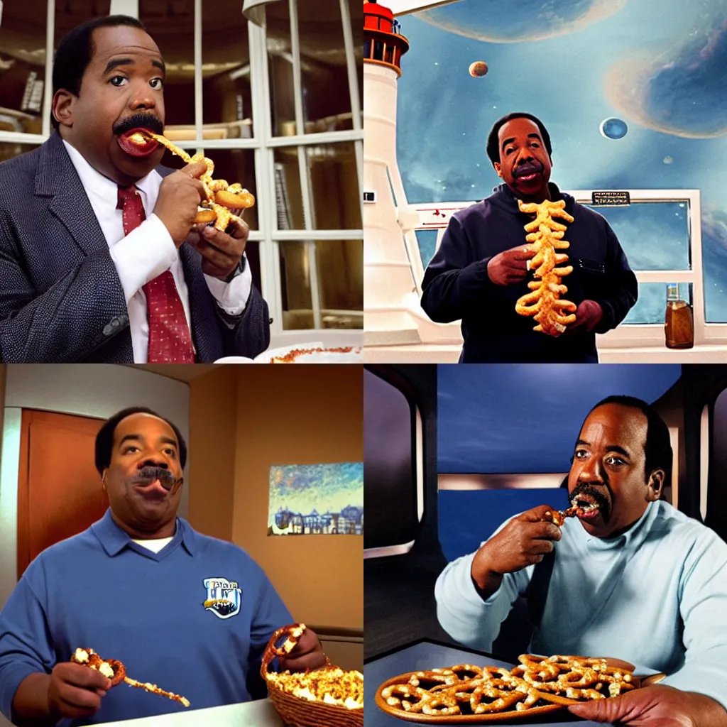 Prompt: stanley hudson from the office eating pretzel in a lighthouse in space