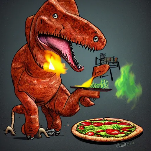 Prompt: a dinosaur cooking pizza, trend in artstation, hdr