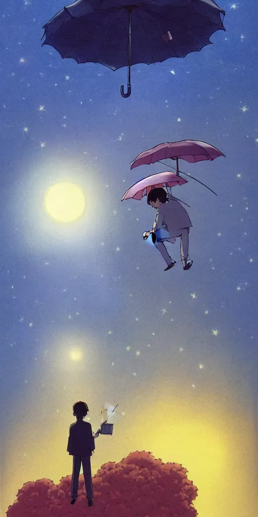 Image similar to a realistic cell - shaded studio ghibli concept art from paprika ( 2 0 0 6 ) of a man with an umbrella standing on a floating cube from close encounters of the third kind ( 1 9 7 7 ) on a misty starry night. very dull colors, hd, 4 k, hq