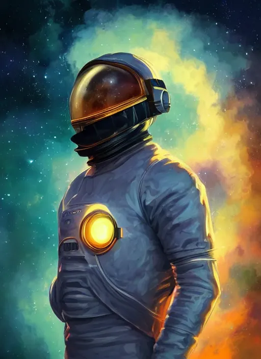 Image similar to handsome african-american man in an advanced spacesuit floating in front of exploding nebulae, digital illustration trending on artstation by artgerm and rutkowski