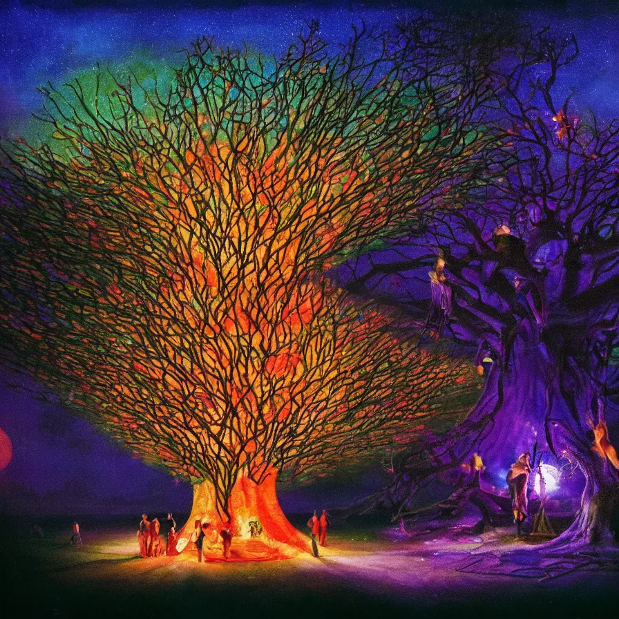 Prompt: closeup of a night carnival inside a magical tree cavity, with a surreal orange moonlight and fireworks, next to a lake with iridiscent water, christmas lights, folklore animals and people disguised as fantastic creatures in a magical forest by summer night, masterpiece painted by storm thorgerson, scene by night, dark night environment, refraction lights, glares