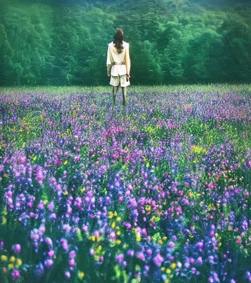 Prompt: mystical death god standing in tall meadow of flowers, distant, film photo, grainy, high detail, high resolution