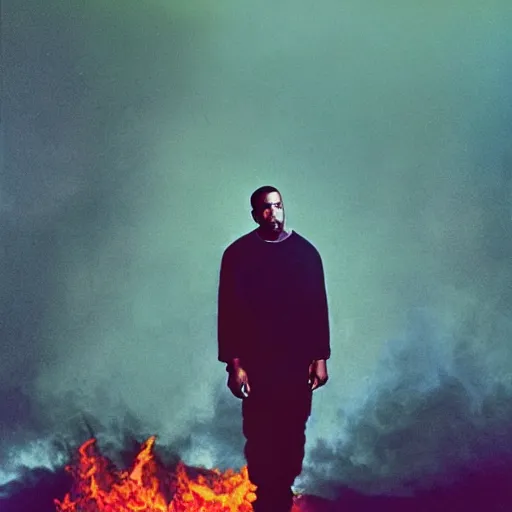 Prompt: a photo of kanye west standing by a burning house, dramatic, ektachrome, vintage, wide angle, warm color palette, light mode, 2. 5 - dimensional, 1 6 k, ultra - hd, megapixel, cga, rays of shimmering light, screen space reflections