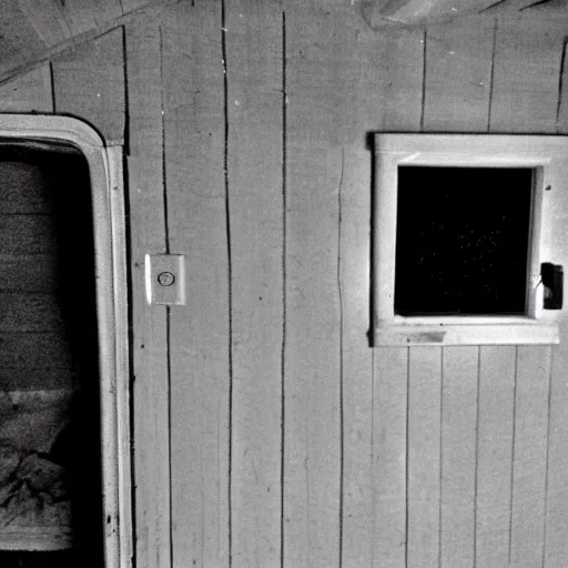 Image similar to a picture taken on an old photo with a bad bitrate inside of a cabin, there is mold all over the cabin floor, 2.2mm Lens.