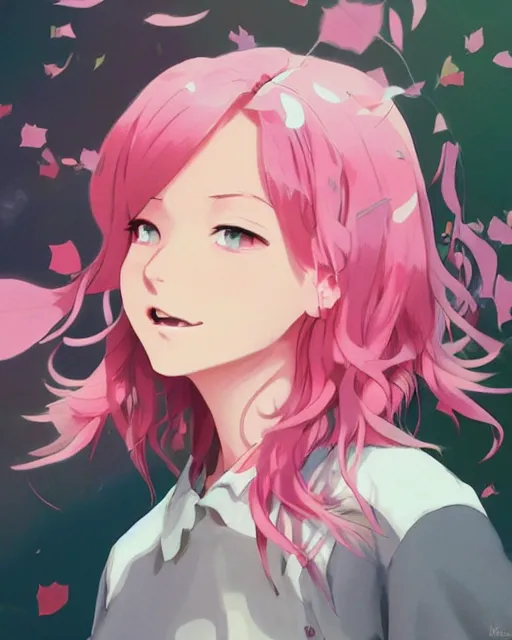 Image similar to happy teenage girl side face with pink curly pastel hair .Many single strips of hair floating in the air. Bright big eyes. Fine particles of red leaves.，cute, anime wallpaper，Sunlight on the face.by Krenz Cushart, Ian McQue, Ilya Kuvshinov, CloverWorks.vivid color.Shining highlights