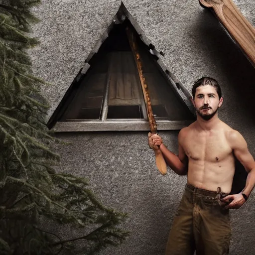 Image similar to shia labeouf in a cabin siting down, sharping an axe at a grind stone, dark interior, horror movie, far away, outside is forest, light out side shinning into window