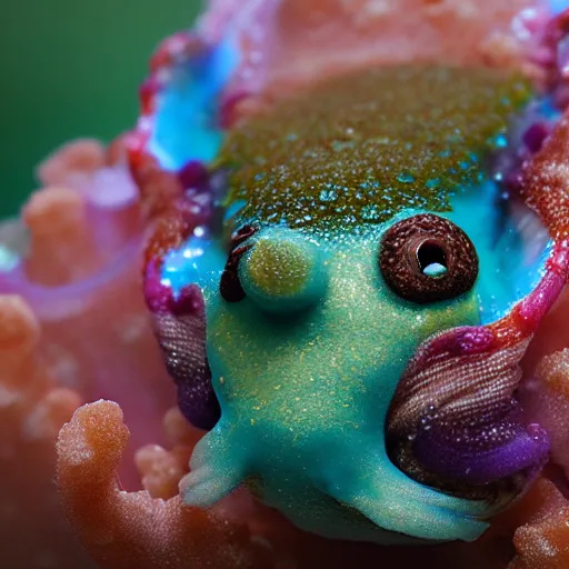 Prompt: close-up of a sea slug looking like fantasy characters with cute faces live in its habitat, trending on artstation
