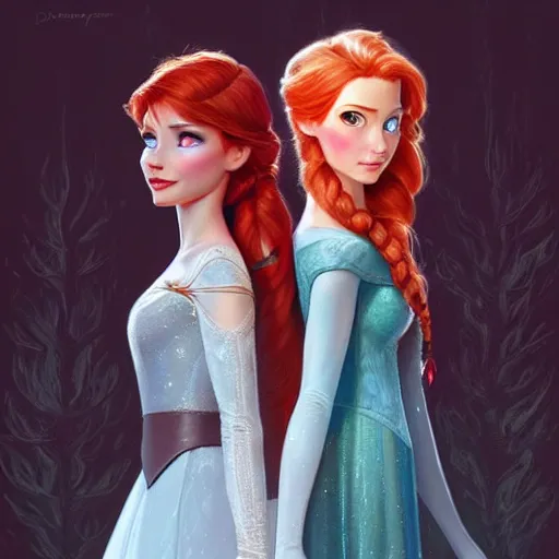 Image similar to elsa & anna, portrait, highly detailed, trending on artstation, d & d, concept art, sharp focus, red hair, illustration, digital painting, art by artgerm and greg rutkowski and magali villeneuve