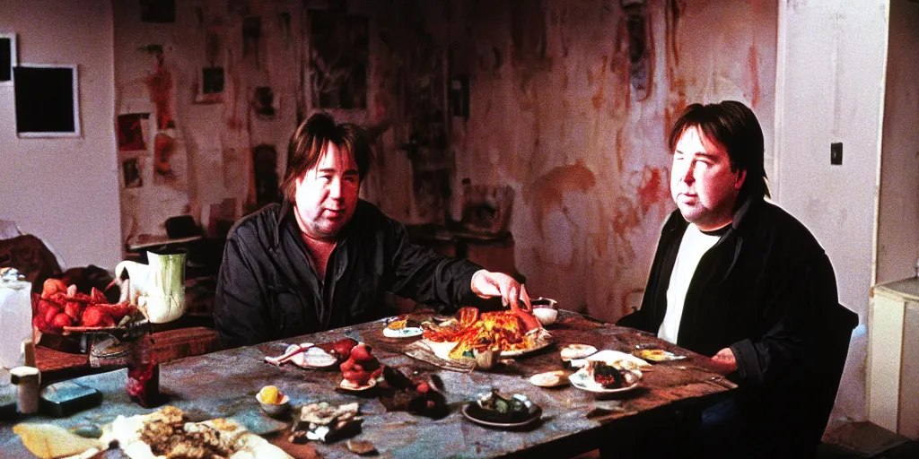 Image similar to award winning photo of BILL HICKS meats a friend in new york, vivid colors, happy, symmetrical face, beautiful eyes, studio lighting, wide shot art by gregory crewdson and francis bacon