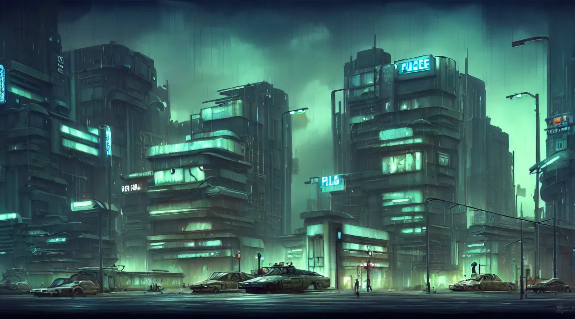 Image similar to post apocalyptic cyberpunk police station, building, avenue, urban architecture, americana architecture, concrete architecture, cloudy sky, paved roads, by boris vallejo trending on artstation, photorealistic, wild vegetation, utopian, futuristic, blade runner, neon signs, sharp, clear, focus