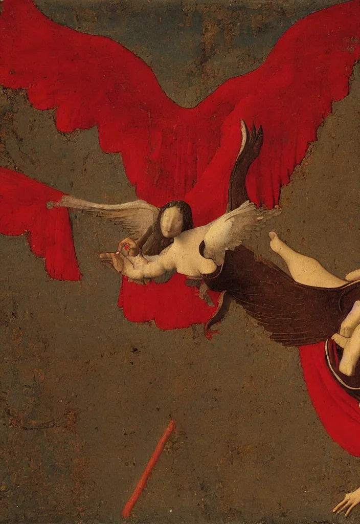 Image similar to Flying Fallen Angel with wings dressed in red, Medieval painting by Jan van Eyck, Johannes Vermeer, Florence