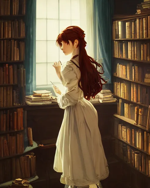 Image similar to a portrait of a victorian maid with long, flowing, auburn hair, standing in a victorian reading room, window, short bookshelf, holding a stack of books, vivid colors, soft lighting, atmospheric, cinematic, moody, in the style of Ilya Kuvshinov and Range Murata, Krenz Cushart, oil on canvas, anime, 8K