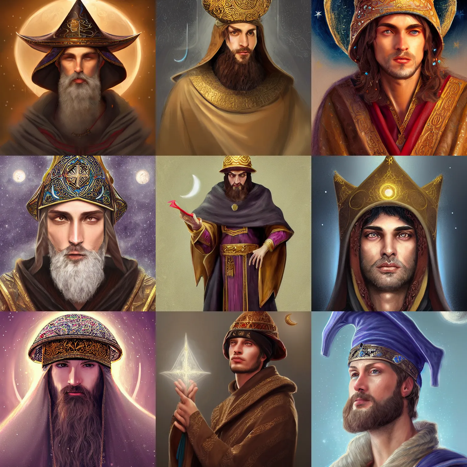 Prompt: adult wizard wearing a byzantine hat and a robe with star and moon pattern, handsome face, focus eyes, ultra realistic soft painting, full body, fantasy, intricate, elegant, highly detailed, digital painting, artstation, concept art, matte, illustration