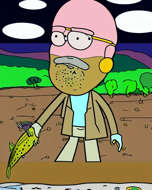 Image similar to Rainbow Trout farmer drawn in the style of Rick and Morty, Adult Swim, Rick and Morty, Justin Roiland