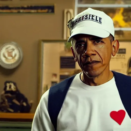 Prompt: riverdale still of obama wearing suspenders, a white varsity sweater with a varsity letter r, and a propeller cap, cap with a propeller on it, propeller hat