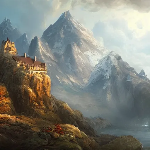 Image similar to a painting of a mountain with a castle on top of it, a detailed matte painting by William Didier-Pouget, cgsociety, fantasy art, matte painting, apocalypse landscape, unreal engine 5