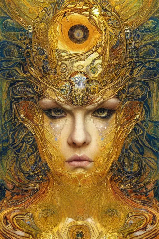 Image similar to Divine Chaos Engine by Karol Bak, Jean Deville, Gustav Klimt, and Vincent Van Gogh, beautiful visionary mystical portrait, sacred, otherworldly, fractal structures, ornate gilded medieval icon, third eye, spirals