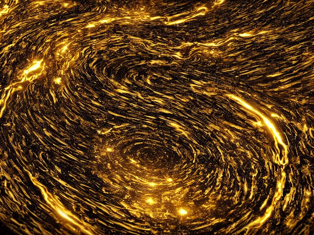 Prompt: fluid gold swirling into a black whole, wide angle perspective, 8 k, unreal engine 5, 3 d animation, big depth of field